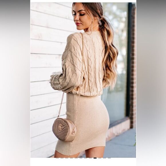 Le Lis Give Me the Tea button front sweater dress pearl medium m tan - Picture 5 of 10